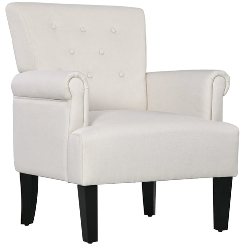 Fabric Accent Armchair, Modern Living Room Chair, Wood Legs, Cream White