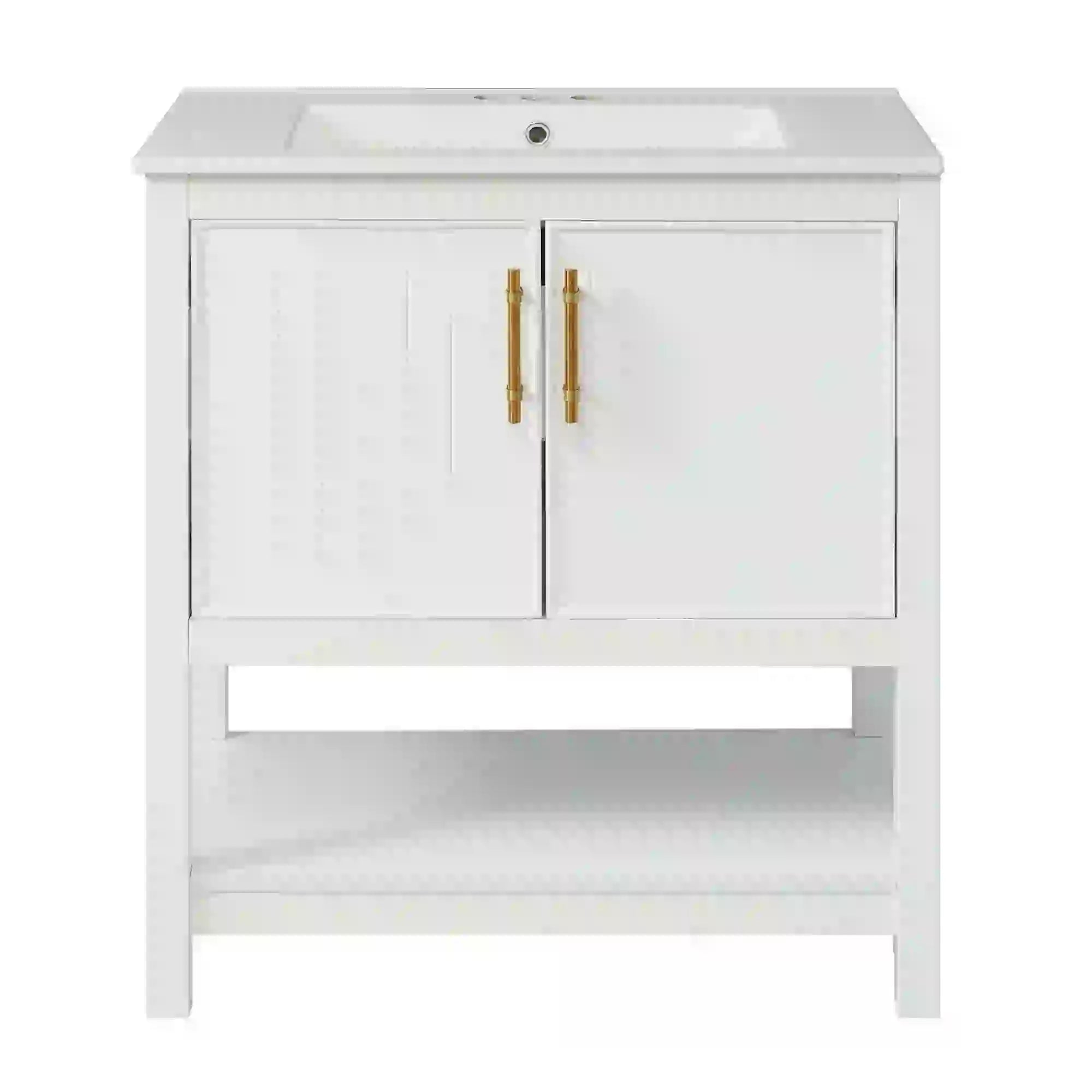 Bathroom Vanity with Ceramic Sink, Gold Handles, Soft Close Doors, 30