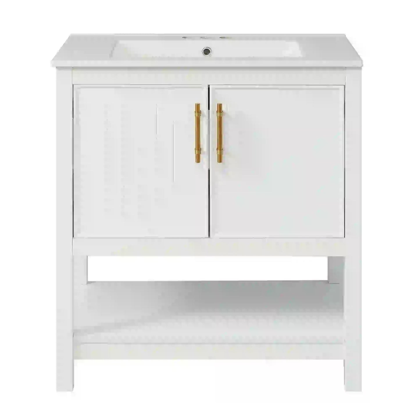 Bathroom Vanity with Ceramic Sink, Gold Handles, Soft Close Doors, 30" L x 18.5" W x 34" H, White Sink Cabinets White at Gallery Canada