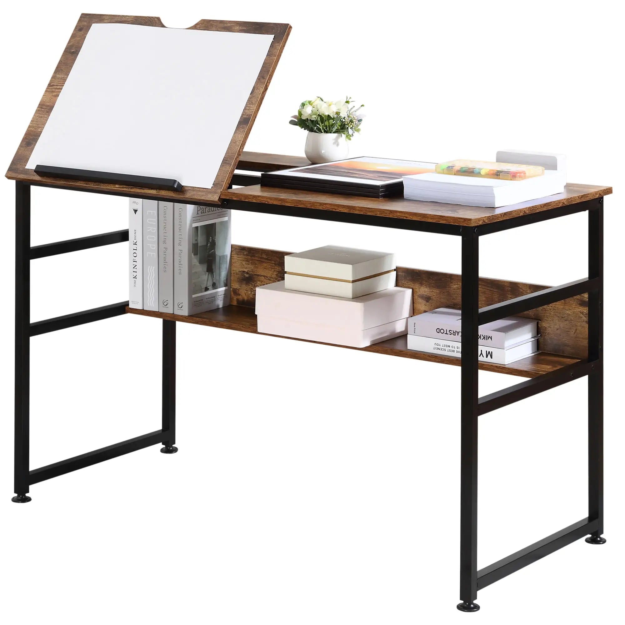 Adjustable Drafting Table, Art Desk, Tiltable Tabletop, Storage Shelf, Rustic Brown, Brown Writing Desks at Gallery Canada