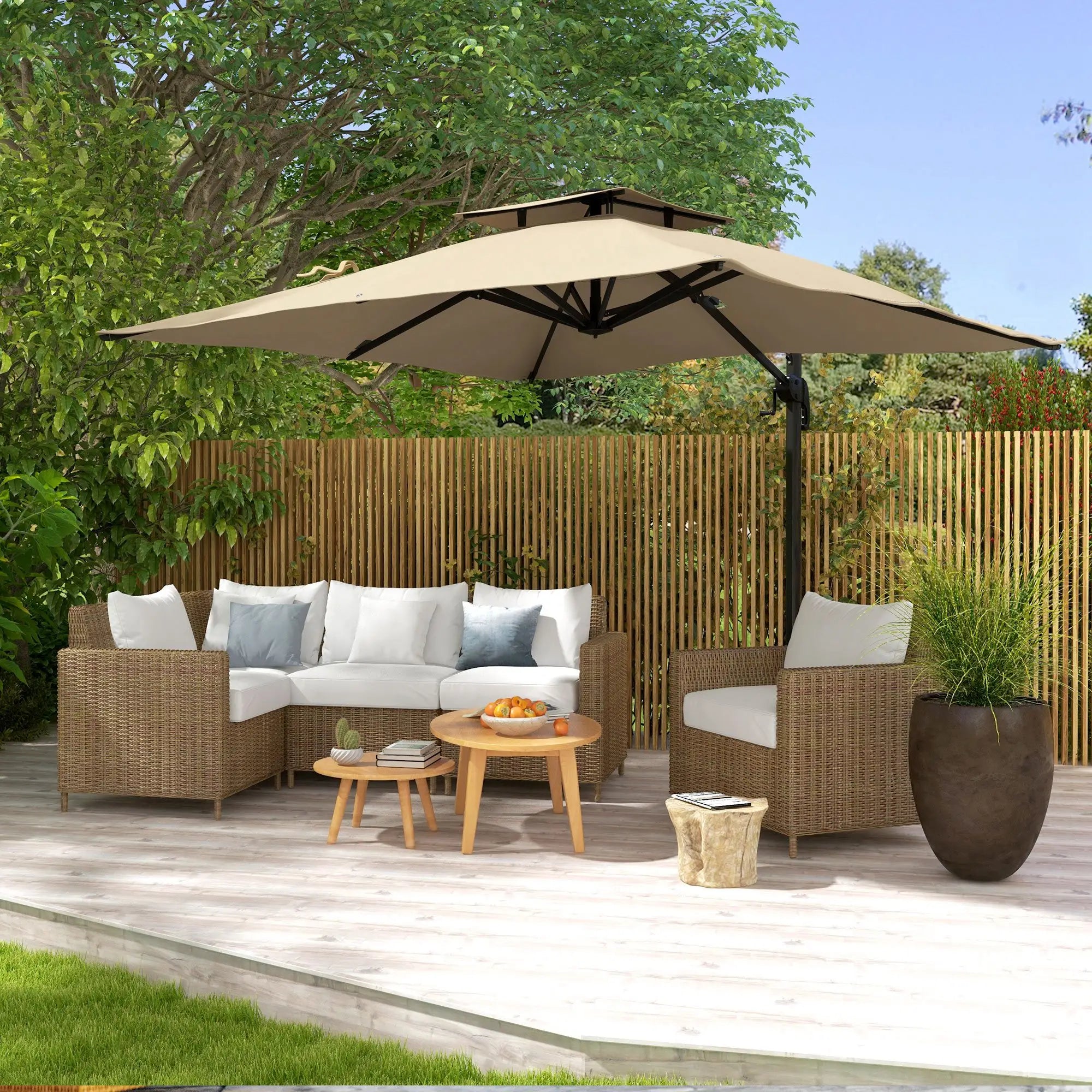 10ft Square Cantilever Patio Umbrella, 360° Rotating, Crank Handle, Khaki Offset Cantilever Umbrellas at Gallery Canada