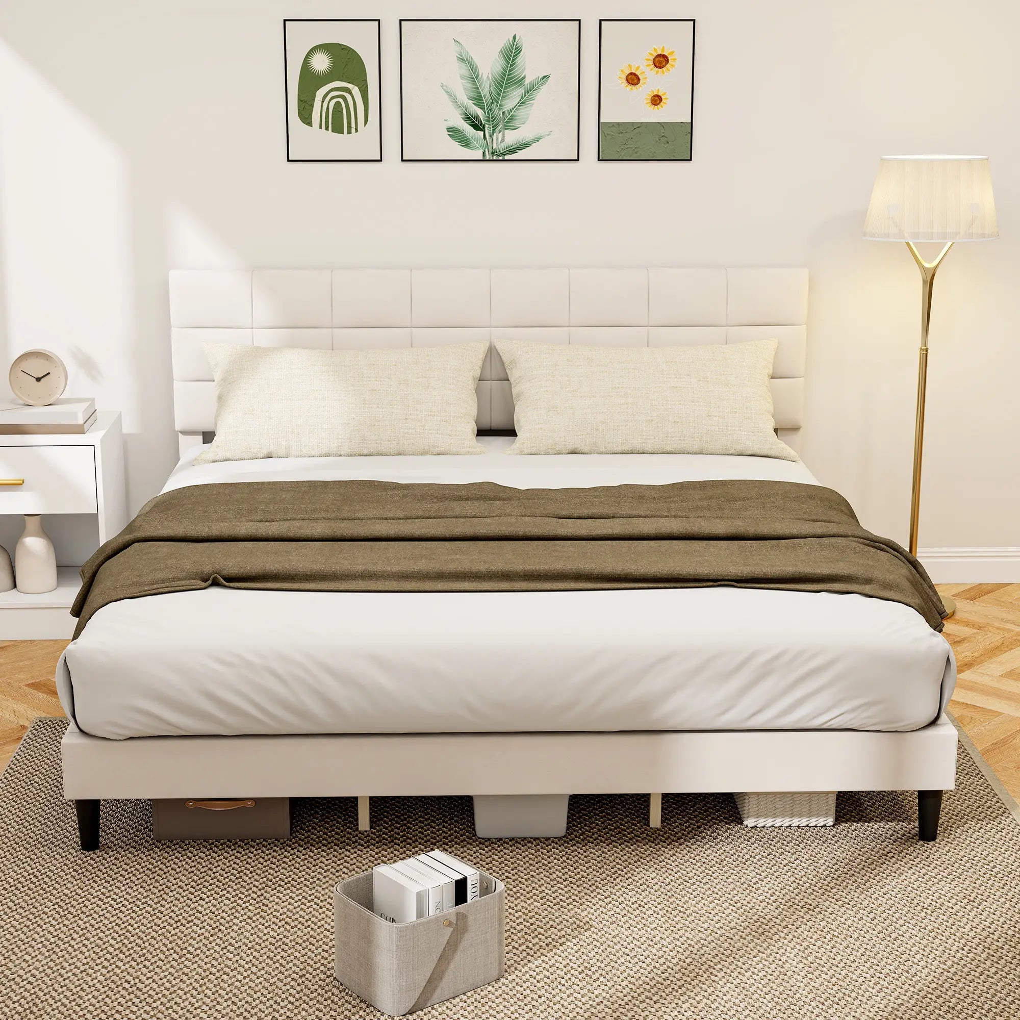 King Size Bed Frame, Upholstered Headboard, Wood Slats, 1100 lbs, Cream Bed Frames at Gallery Canada