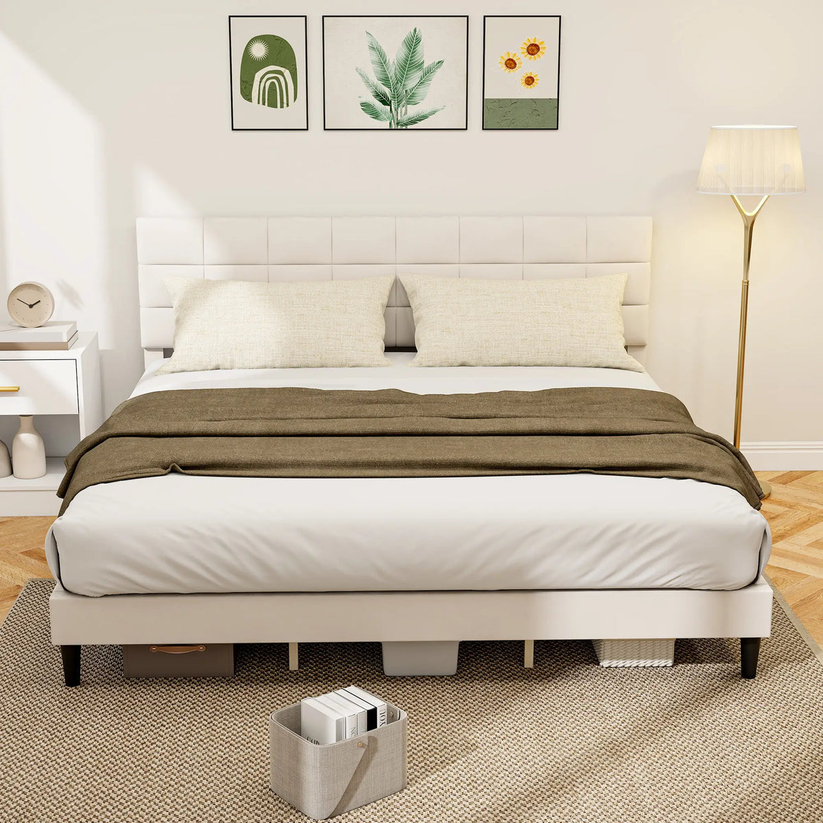 King Size Bed Frame, Upholstered Headboard, Wood Slats, 1100 lbs, Cream Bed Frames at Gallery Canada