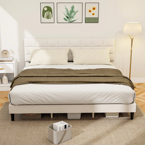 King Size Bed Frame, Upholstered Headboard, Wood Slats, 1100 lbs, Cream