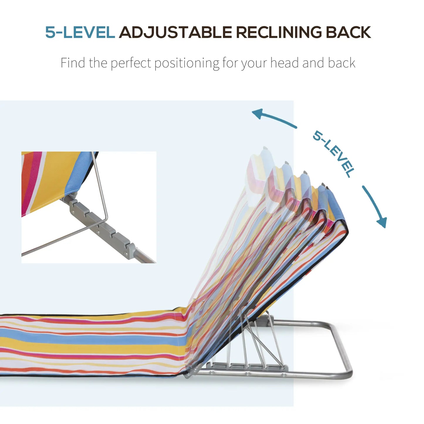 Set of 2 Beach Lounge Chairs, Padded Folding Mat, Adjustable Back, Steel Frame, Head Pillow, Carry Bag, Colorful Stripes, Colorful Beach Accessories at Gallery Canada