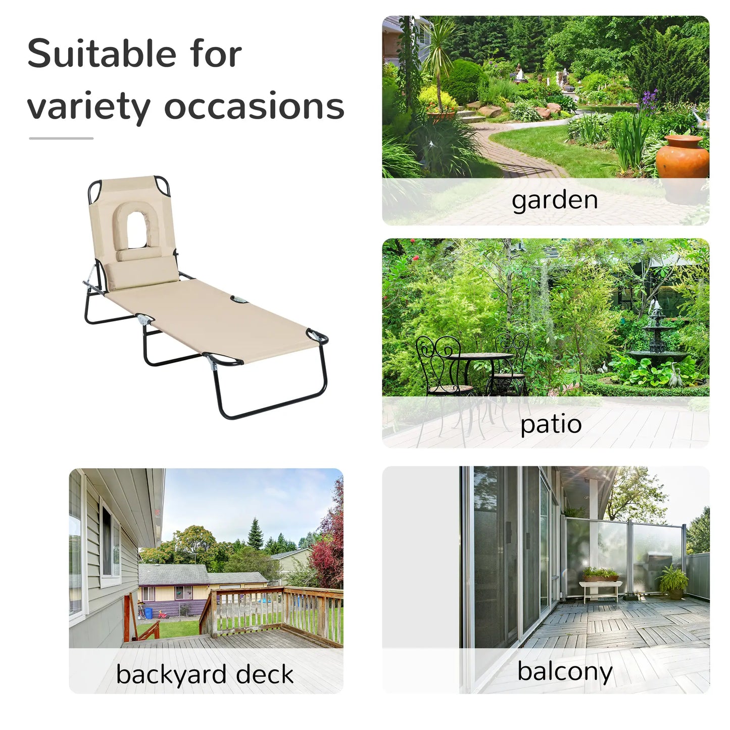 Outdoor Lounge Chair, Adjustable Backrest, Face Hole, Support Pillow, Beige Lounger Chairs at Gallery Canada