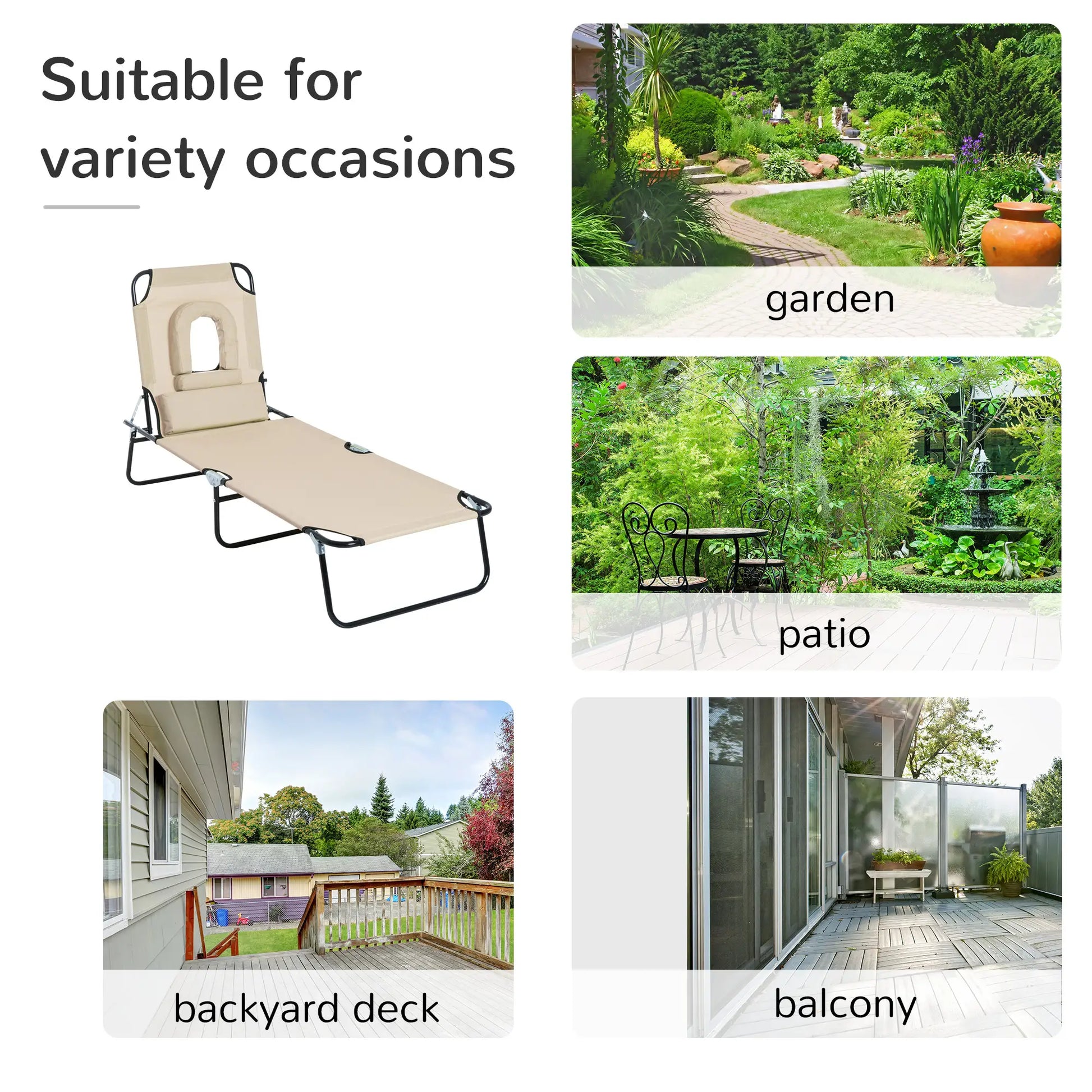 Outdoor Lounge Chair, Adjustable Backrest, Face Hole, Support Pillow, Beige Lounger Chairs at Gallery Canada