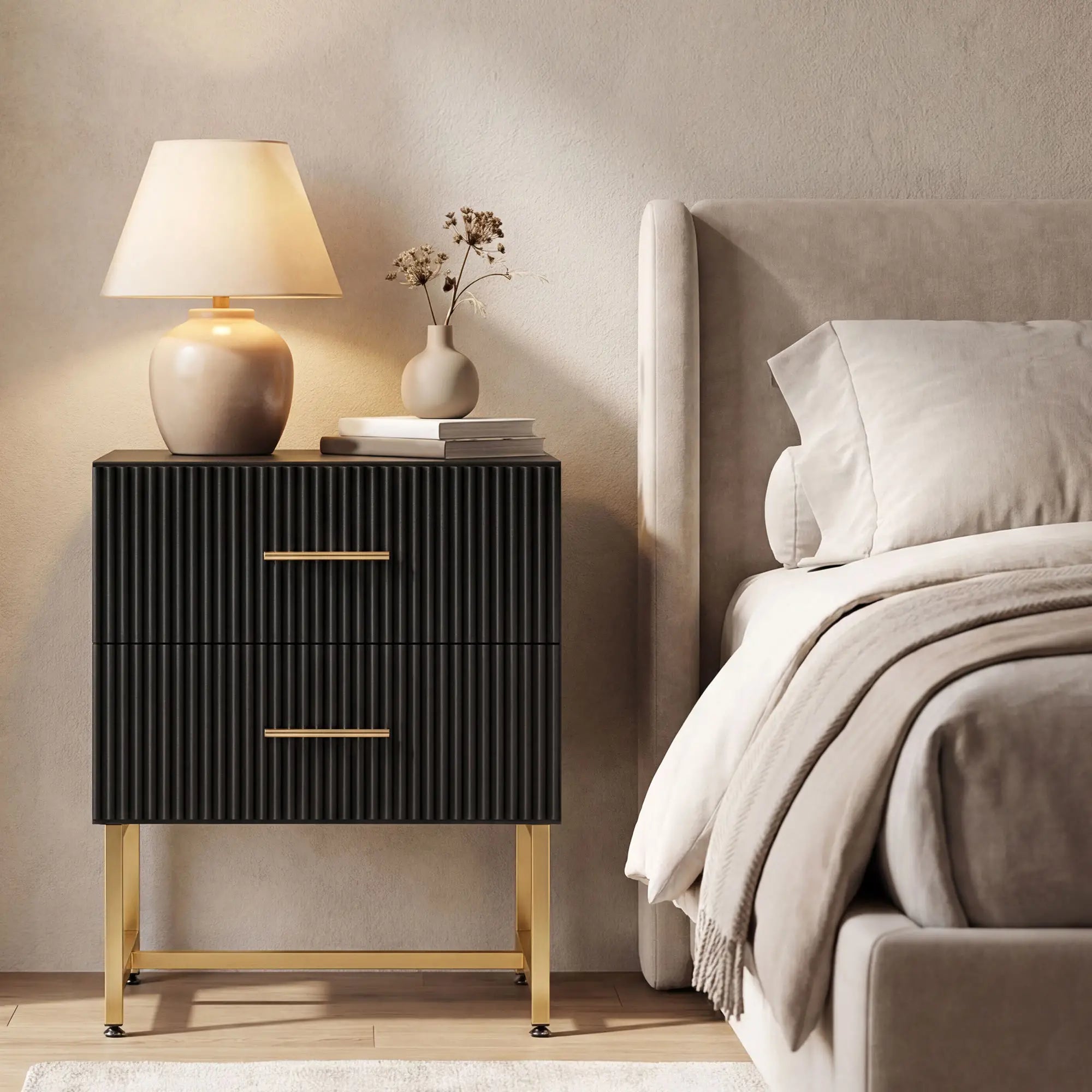 Modern Nightstands With Storage, 2 Fluted Drawers, Gold Legs, Black Bedside Tables at Gallery Canada