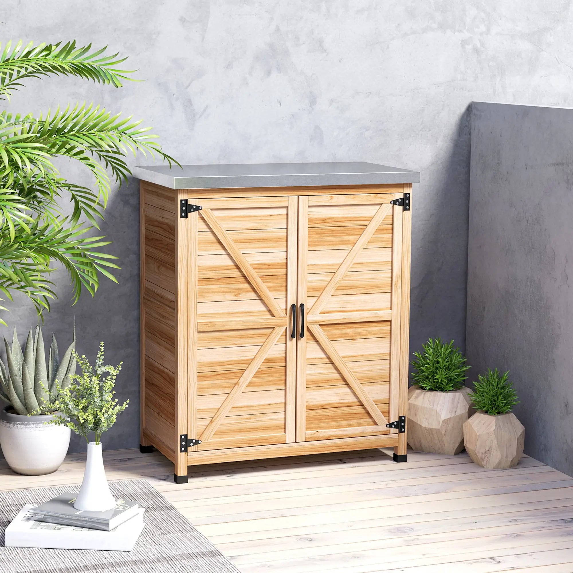 Outdoor Potting Bench Table, Metal Tabletop, Shelf, Double Doors, Natural Sheds at Gallery Canada