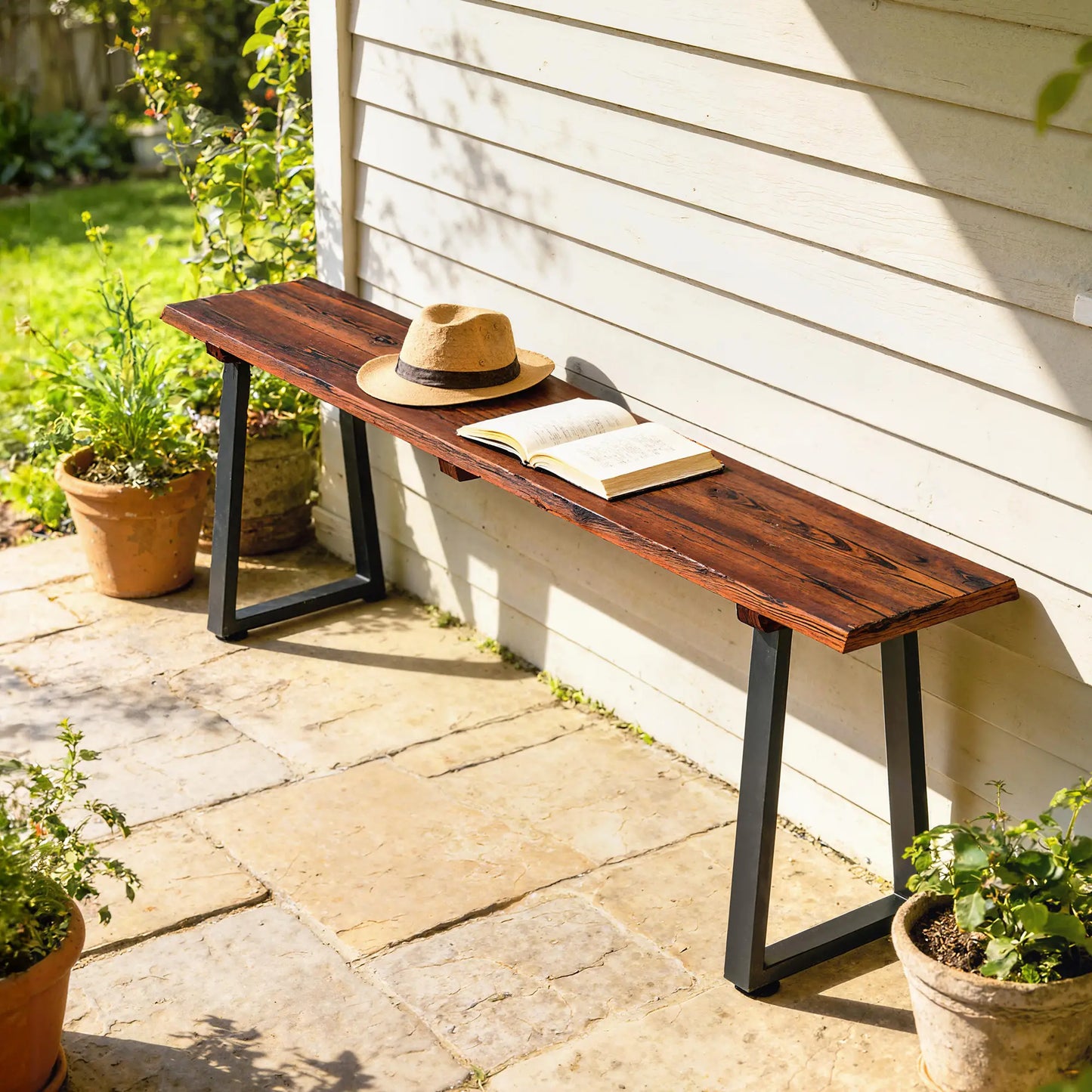 Outdoor Wood Bench For Two, 59" Backless Patio Garden Bench With Steel Legs Outdoor Benches at Gallery Canada