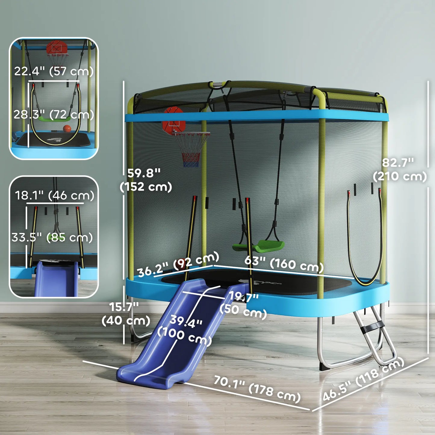 70" x 47" Trampoline With Slide, Swing, Basketball Hoop, Light Blue Trampolines at Gallery Canada