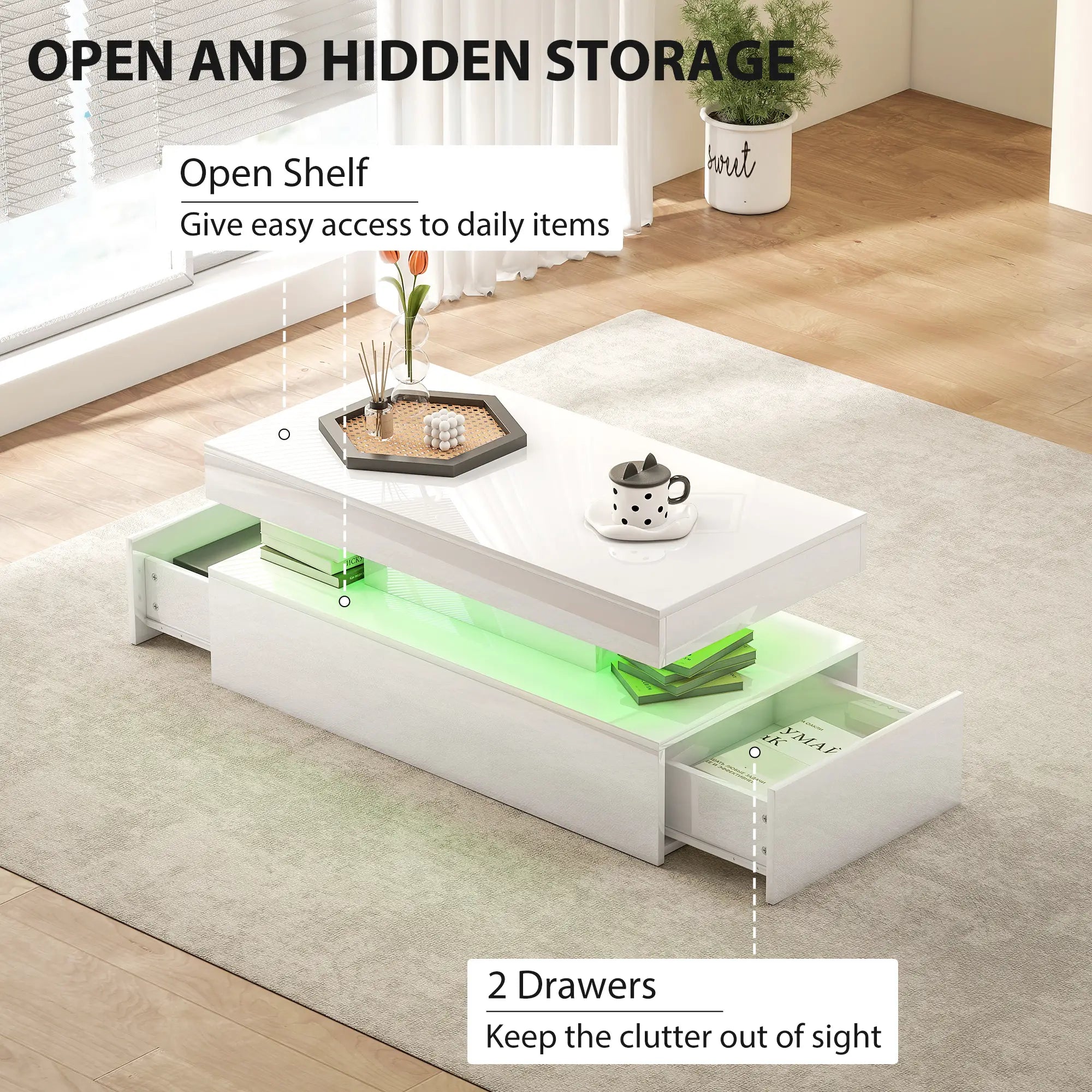 LED Coffee Table, 2 Drawers, Open Shelf, High Gloss White, White Coffee Tables at Gallery Canada