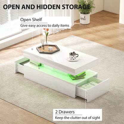 LED Coffee Table, 2 Drawers, Open Shelf, High Gloss White, White Coffee Tables at Gallery Canada