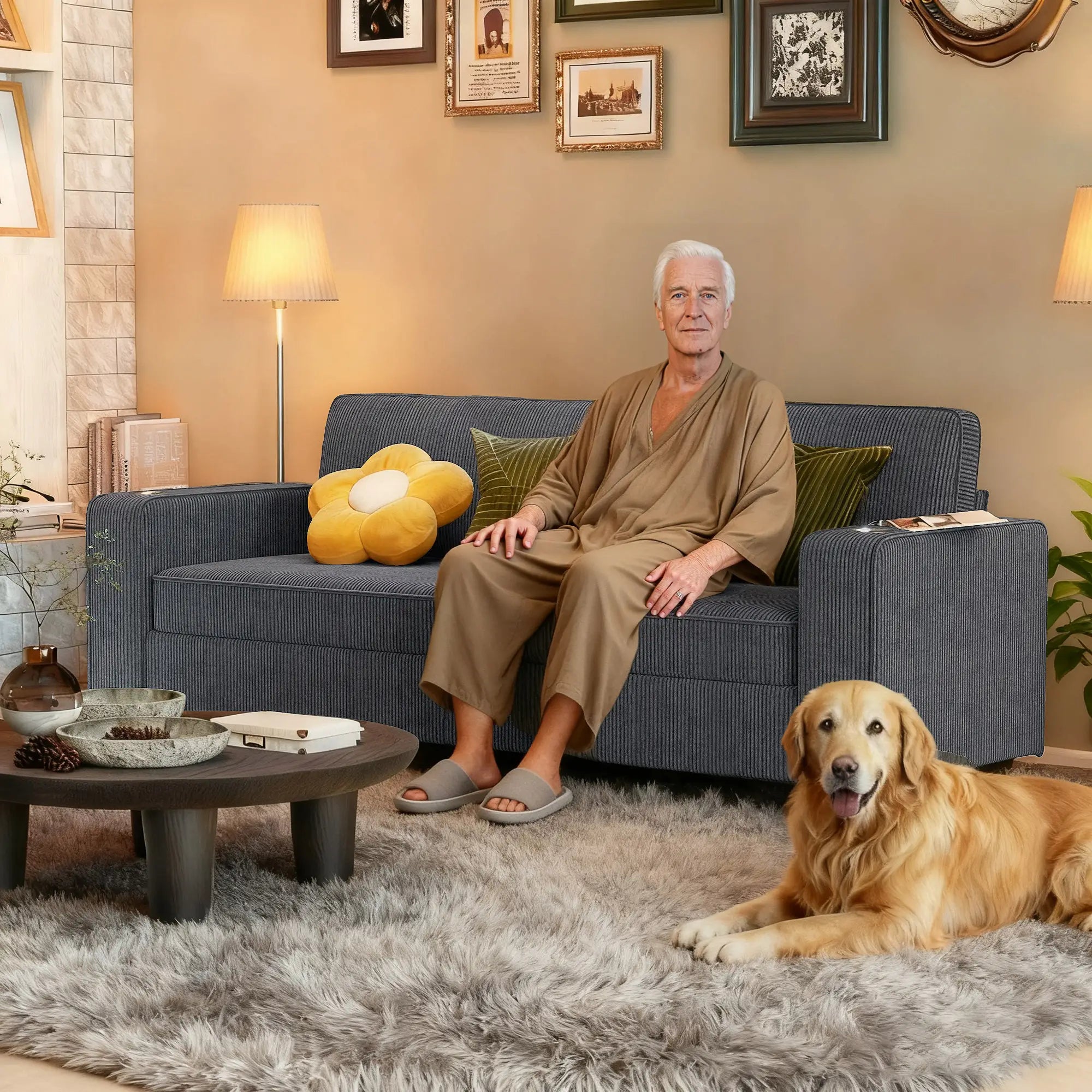 Three Seater Sofa, Fabric Couch with Spring Cushion, Cup Holders, Dark Grey 3-Seater Sofas at Gallery Canada