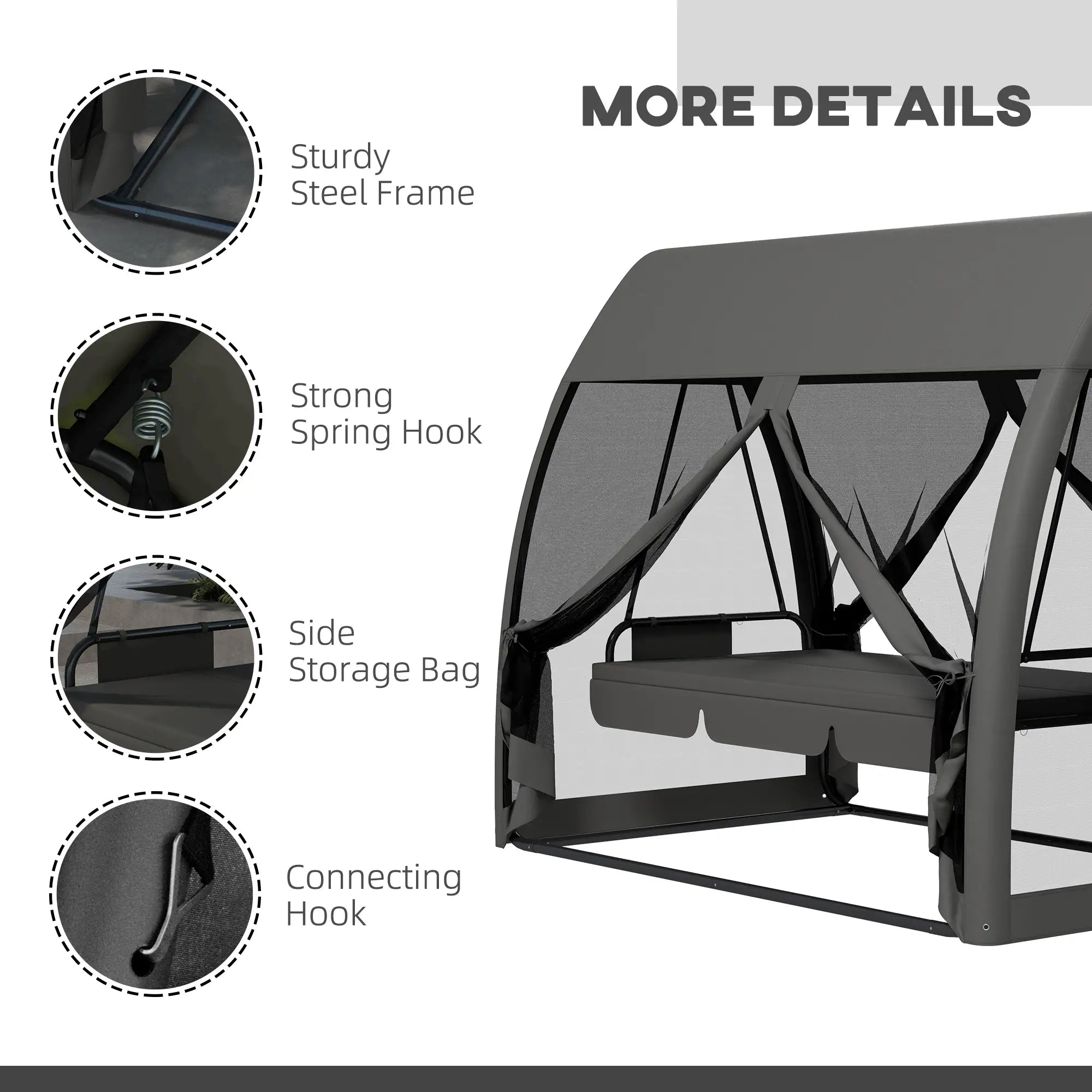 3-Seater Outdoor Swing Chair, Steel Stand, Canopy Netting, Dark Grey Porch Swings with Canopy at Gallery Canada
