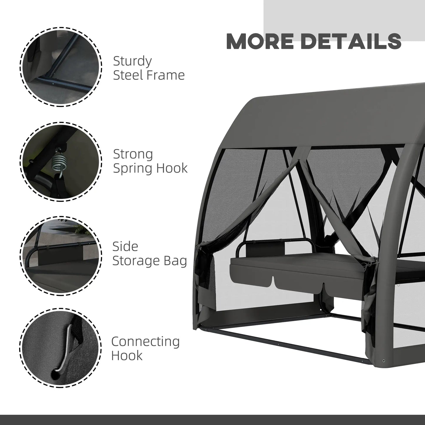 3-Seater Outdoor Swing Chair, Steel Stand, Canopy Netting, Dark Grey Porch Swings with Canopy at Gallery Canada