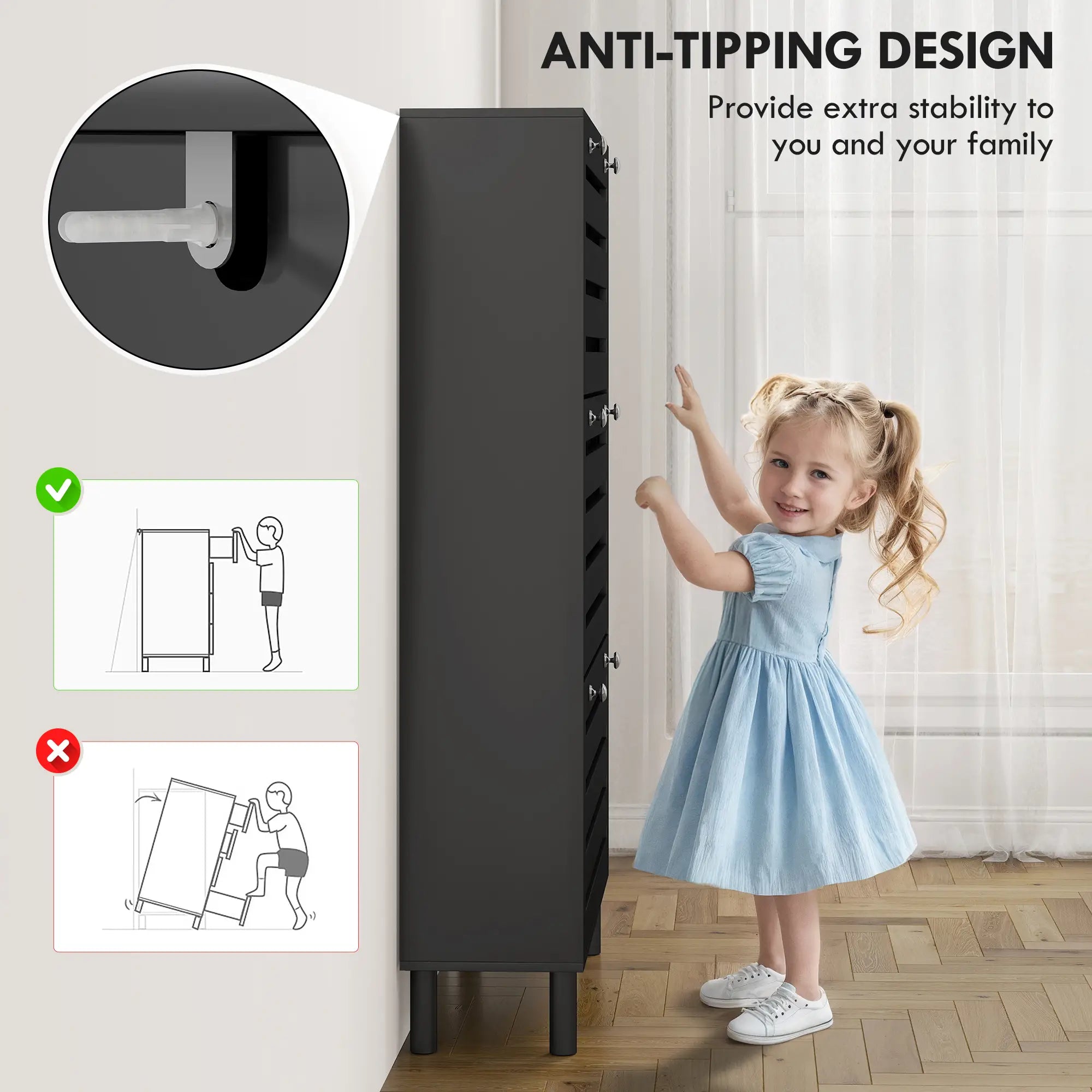 Narrow Shoe Storage Cabinet, 3 Flip Drawers, Adjustable Shelves, 24 Pairs, Black Shoe Storage Cabinets & Racks at Gallery Canada