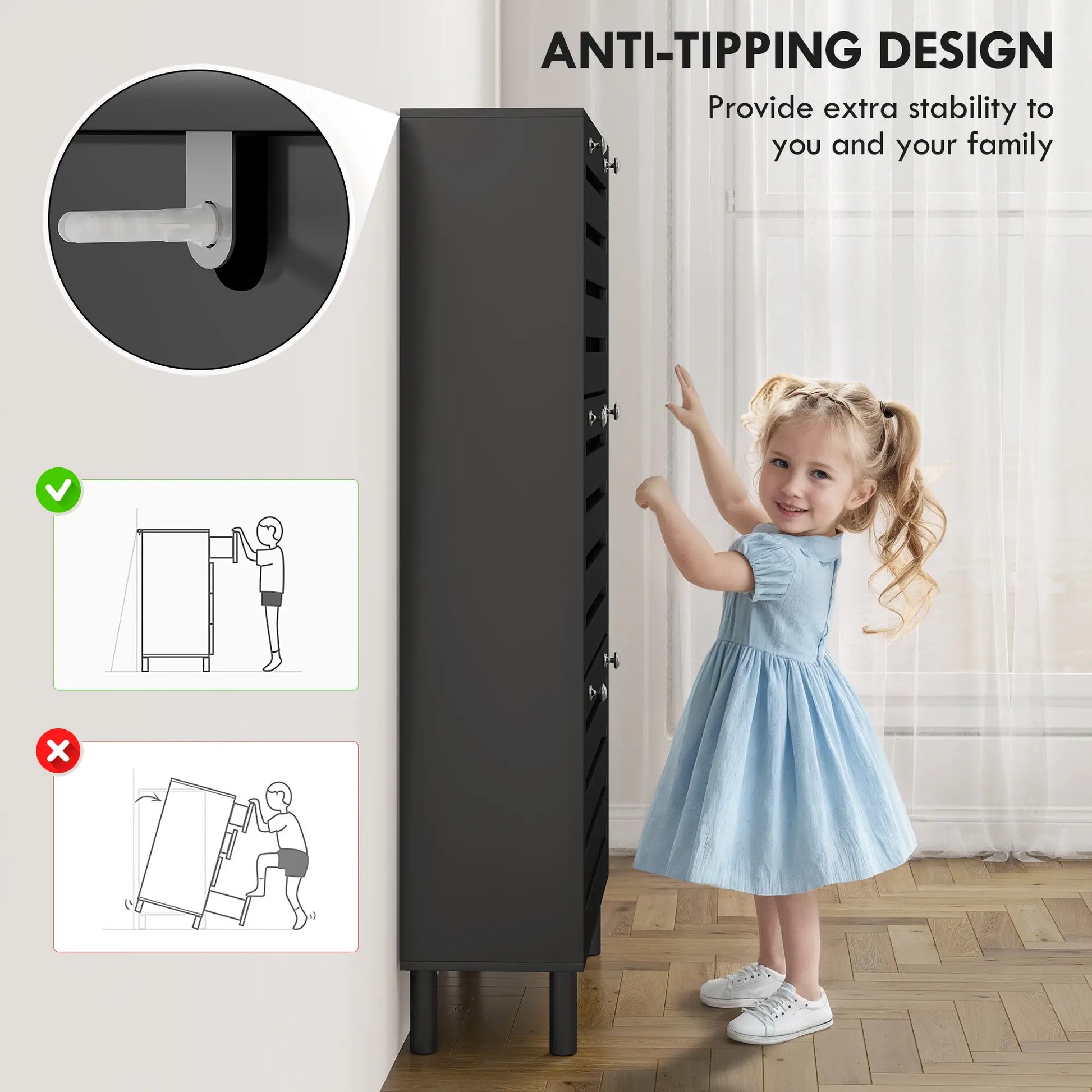 Narrow Shoe Storage Cabinet, 3 Flip Drawers, Adjustable Shelves, 24 Pairs, Black Shoe Storage Cabinets & Racks at Gallery Canada