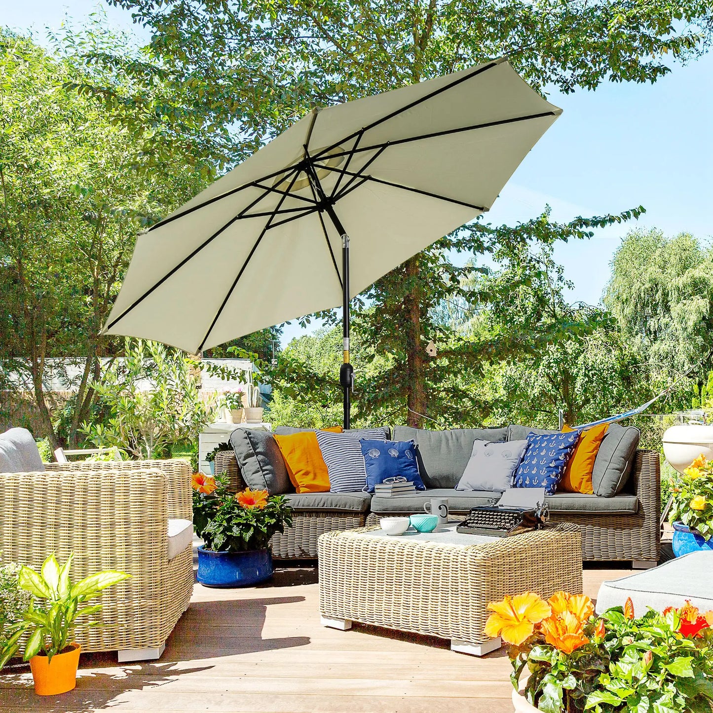 10' x 8' Round Market Umbrella, Crank Handle, Tilt, Beige Sun Umbrellas at Gallery Canada