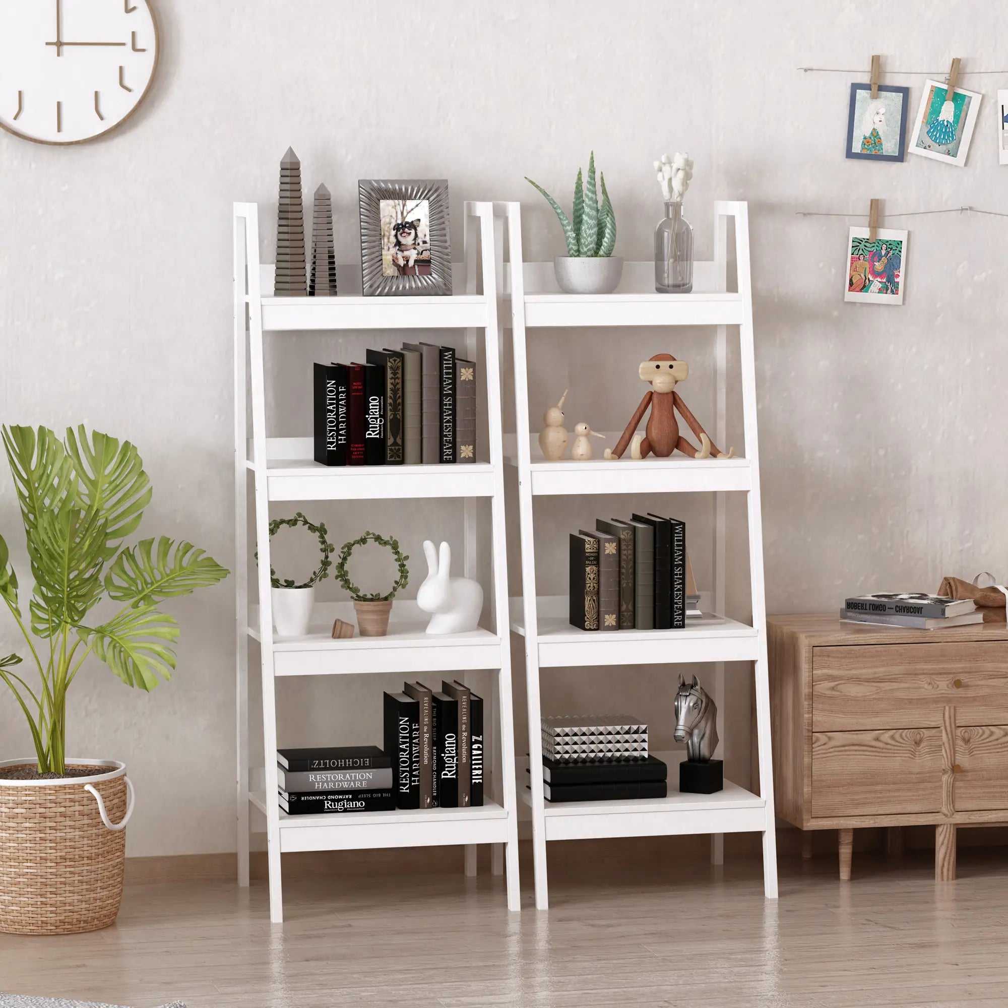 Set of 2, 4 Tier Ladder Shelf, Multi-Use Display Rack, White Display Bookshelves at Gallery Canada