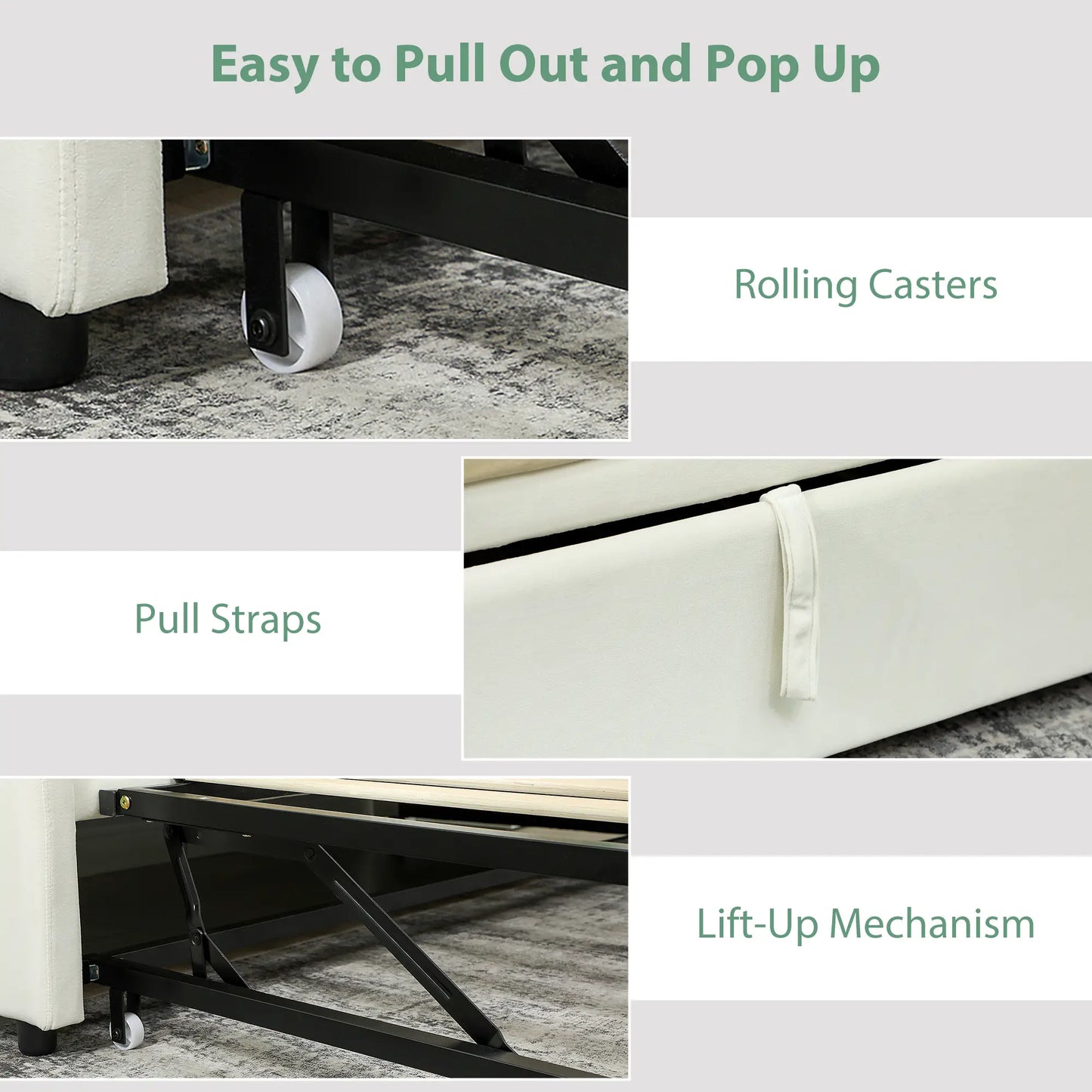 Upholstered Twin Trundle Bed, Extendable Twin To King, Cream White