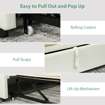 Upholstered Twin Trundle Bed, Extendable Twin To King, Cream White