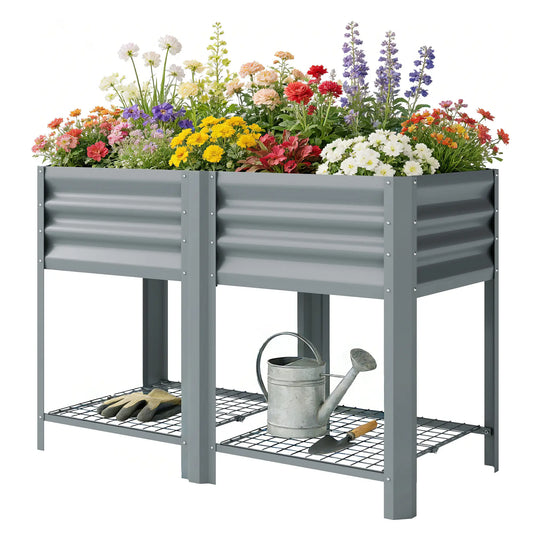 Lit de jardin surélevé avec étagère de rangement à pieds 31,5" Gris argenté, Gris argenté
