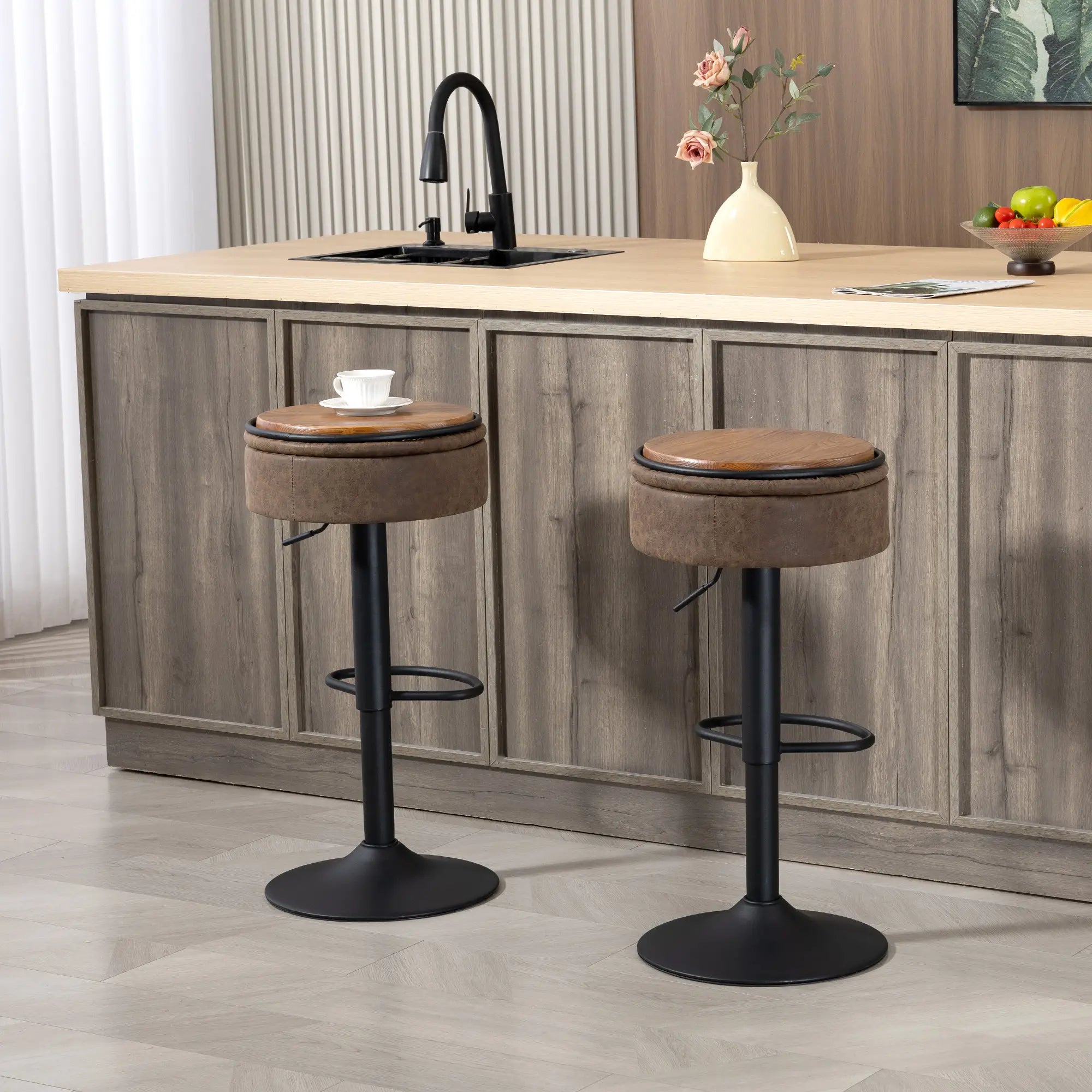 Set of 2 Barstools with Storage, Swivel, PU Leather, Footrest, Steel Base, Brown Bar Stools at Gallery Canada