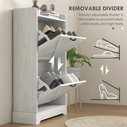 Slim Shoe Storage Cabinet, Farmhouse Style, 2 Flip Drawers, Adjustable Shelves, Holds 8 Pairs, Distressed, White Shoe Storage Cabinets & Racks at Gallery Canada