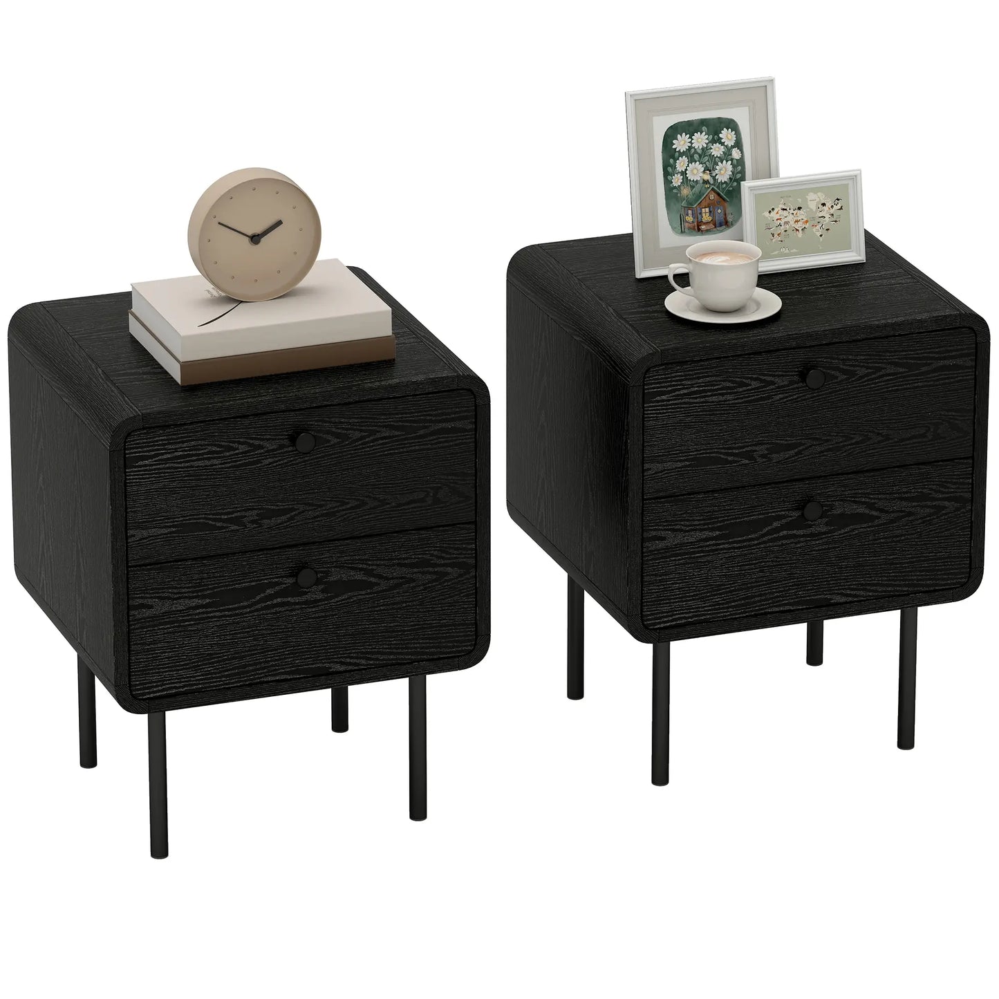 Modern Bedside Tables Set of 2, 2 Drawers, Steel Legs, Black Wood Grain, Black Bedside Tables at Gallery Canada