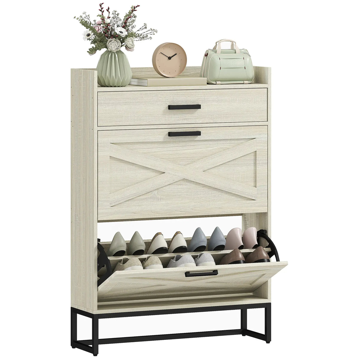 Slim Shoe Storage, 2 Flip Drawers, Adjustable Shelves, 12 Pair, Distressed, White Shoe Storage Cabinets & Racks at Gallery Canada