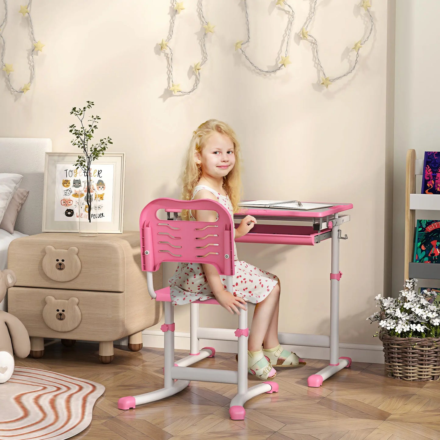 Adjustable Study Table, Chair Set with Drawer, Pink Kids Desk Sets at Gallery Canada