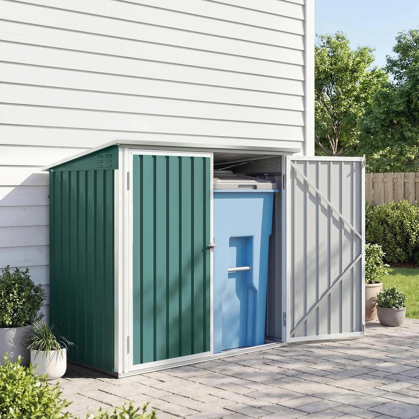 Outdoor Steel Wheelie Trash Can Storage Shed, Double Door Lid Rubbish Cover Sheds at Gallery Canada