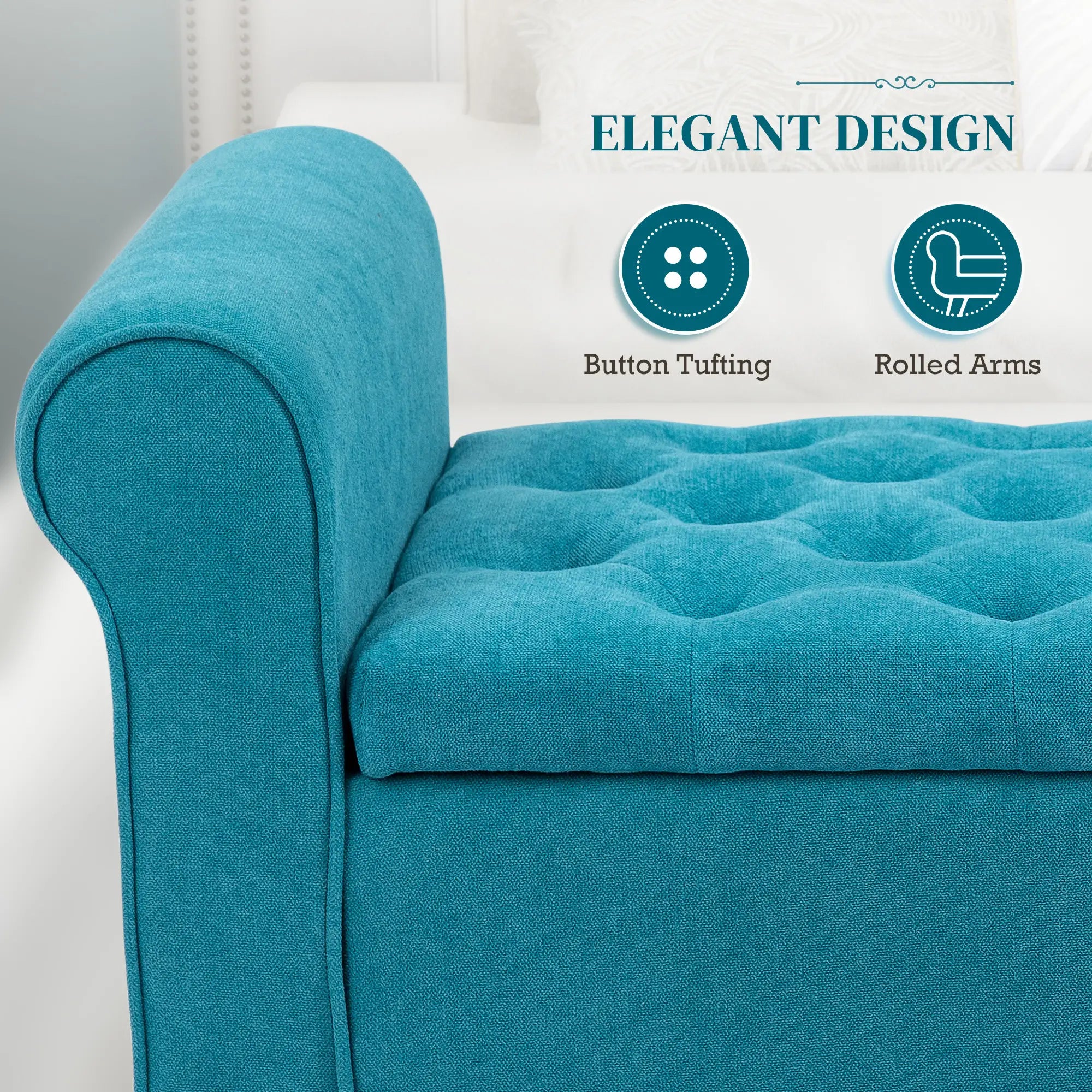 50 Inches Upholstered Storage Ottoman, Rolled Arms, Button Tufted, Teal Storage Ottomans & Benches at Gallery Canada