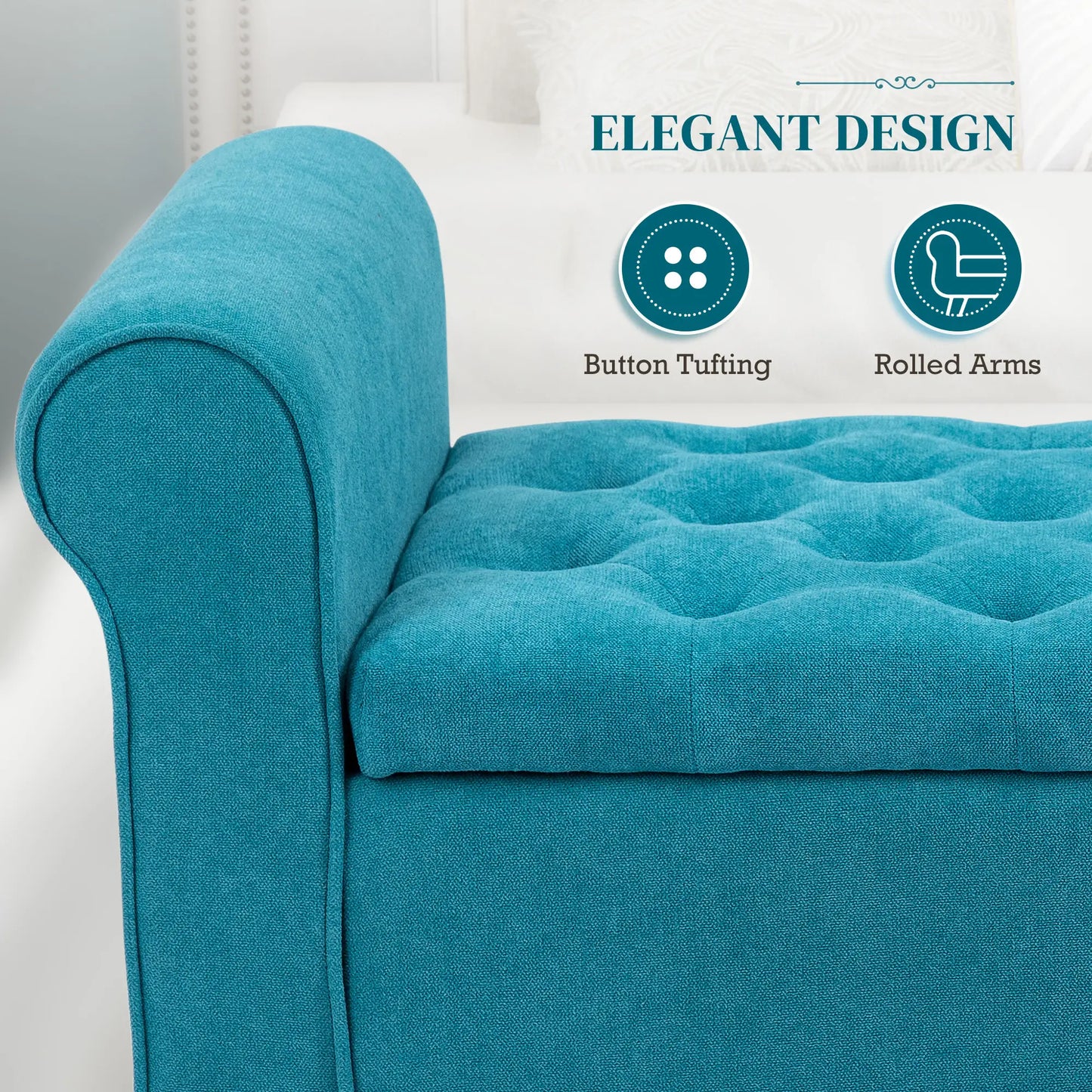 50 Inches Upholstered Storage Ottoman, Rolled Arms, Button Tufted, Teal Storage Ottomans & Benches at Gallery Canada