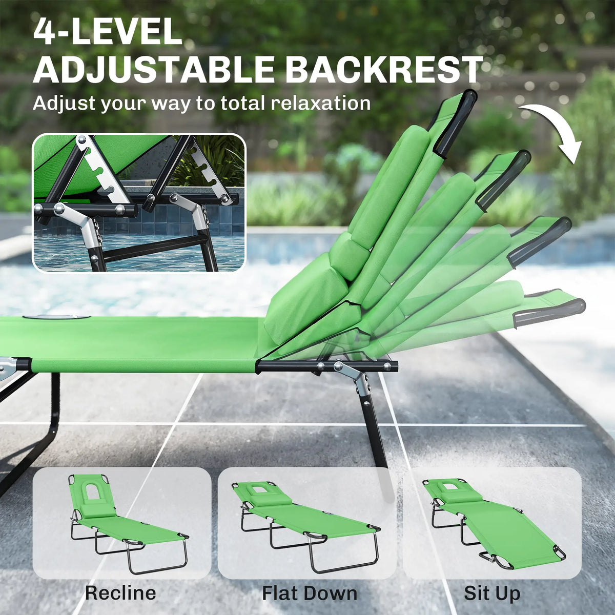 Adjustable Outdoor Lounge Chair, Folding Chaise with Face Hole, Green Lounger Chairs at Gallery Canada