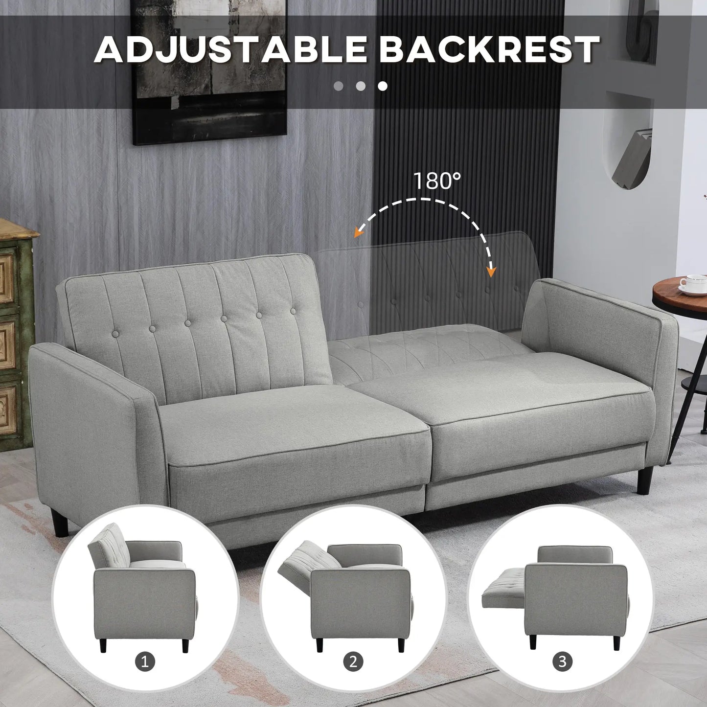 Convertible Bed with Couch, Button Tufted Fabric Sofa Bed, Adjustable Back, Grey 2-Seater Sofas at Gallery Canada