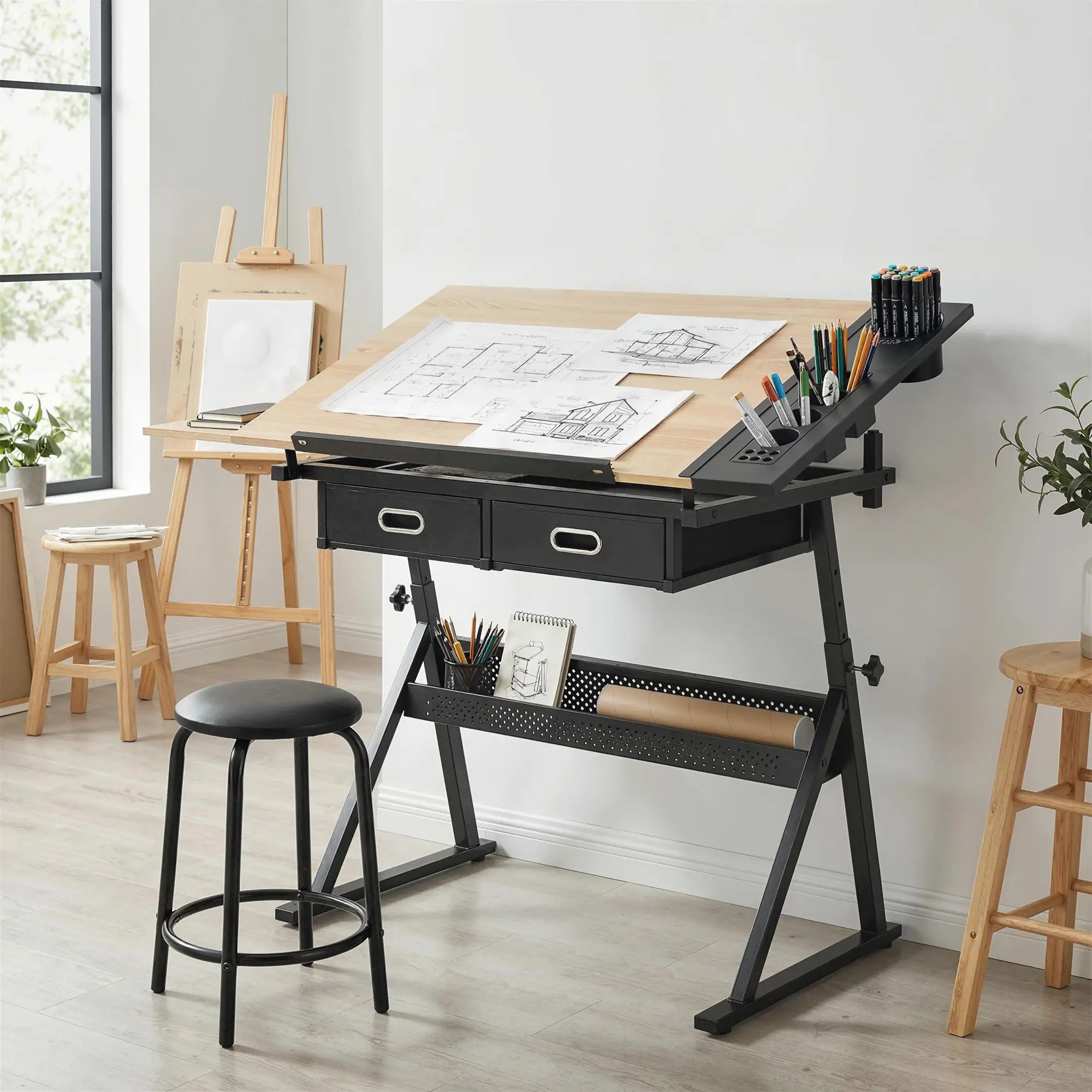 Adjustable Drafting Table, Art Desk With Stool And Storage Drawers, Oak Writing Desks at Gallery Canada