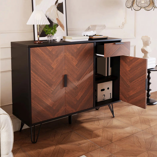 Storage Cabinet with Drawer, Adjustable Shelves, 35.5" L x 11.5" W x 28.5" H, Black+Wood Storage Cabinets Black, Wood at Gallery Canada