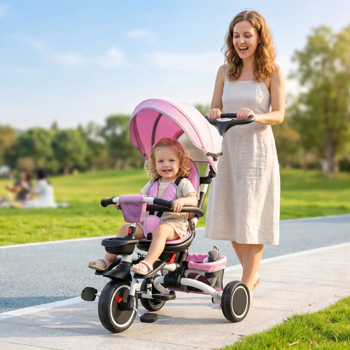 6-in-1 Toddler Tricycle, Foldable, Adjustable Seat, Push Handle, Pink