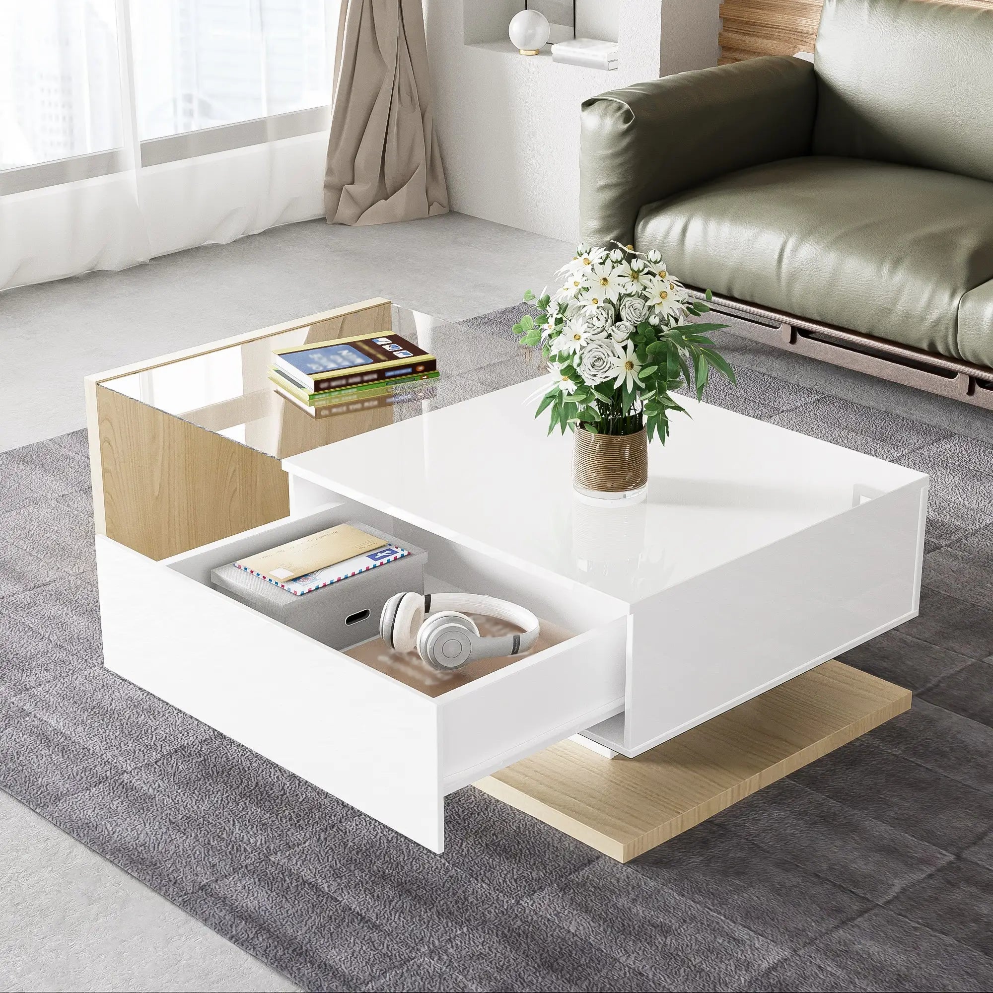 Modern Coffee Table, Glass LED Effect, Storage, 41.5
