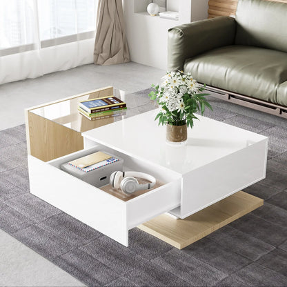 Modern Coffee Table, Glass LED Effect, Storage, 41.5" L x 21.5" W x 12.5" H, White+Wood, White, Wood Coffee Tables at Gallery Canada