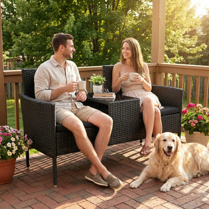 PE Rattan Loveseat with Cushion, Mid-Table, Black Patio Chairs at Gallery Canada