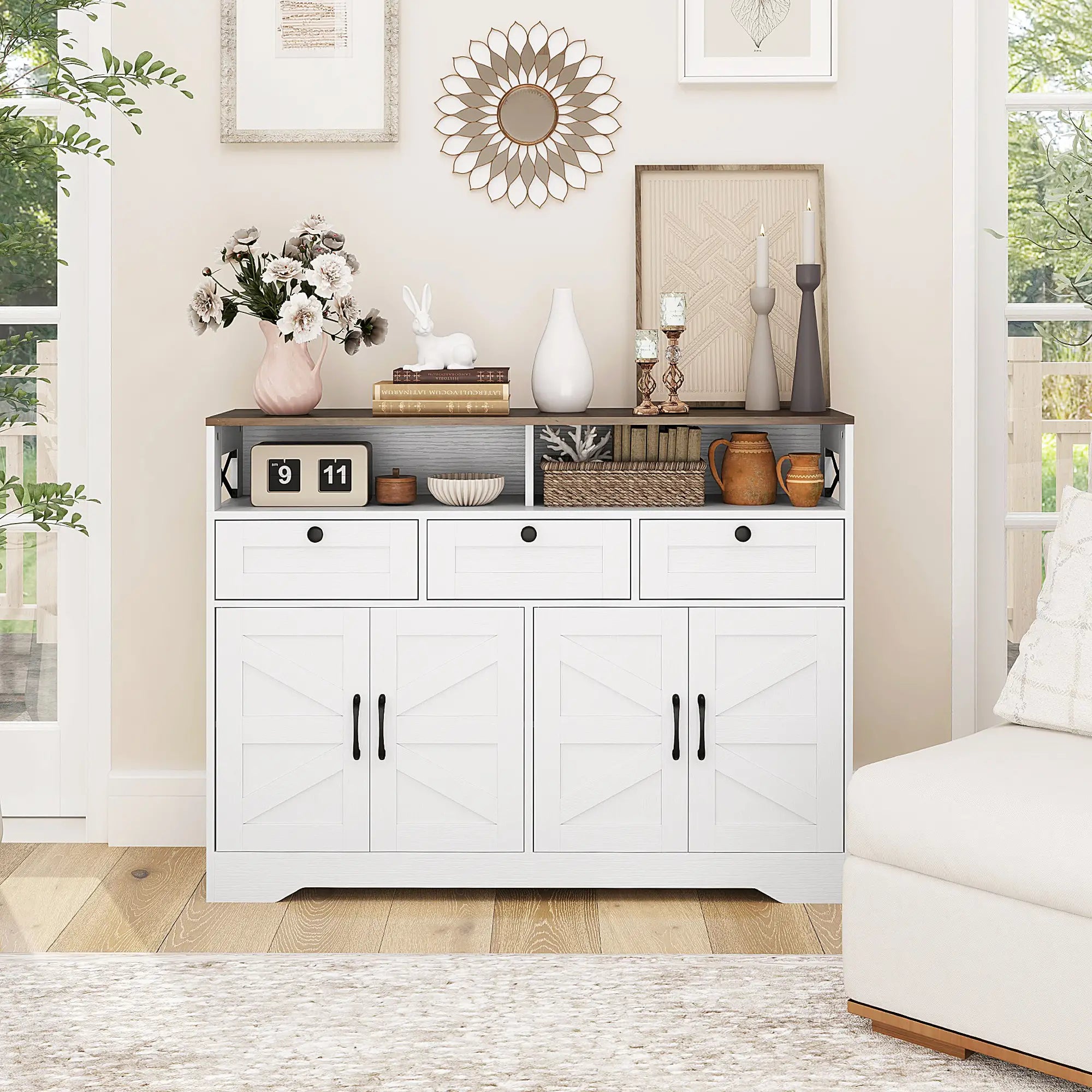 Sideboard, Buffet Cabinet with 4 Barn Doors, 3 Drawers, White Storage Cabinets at Gallery Canada