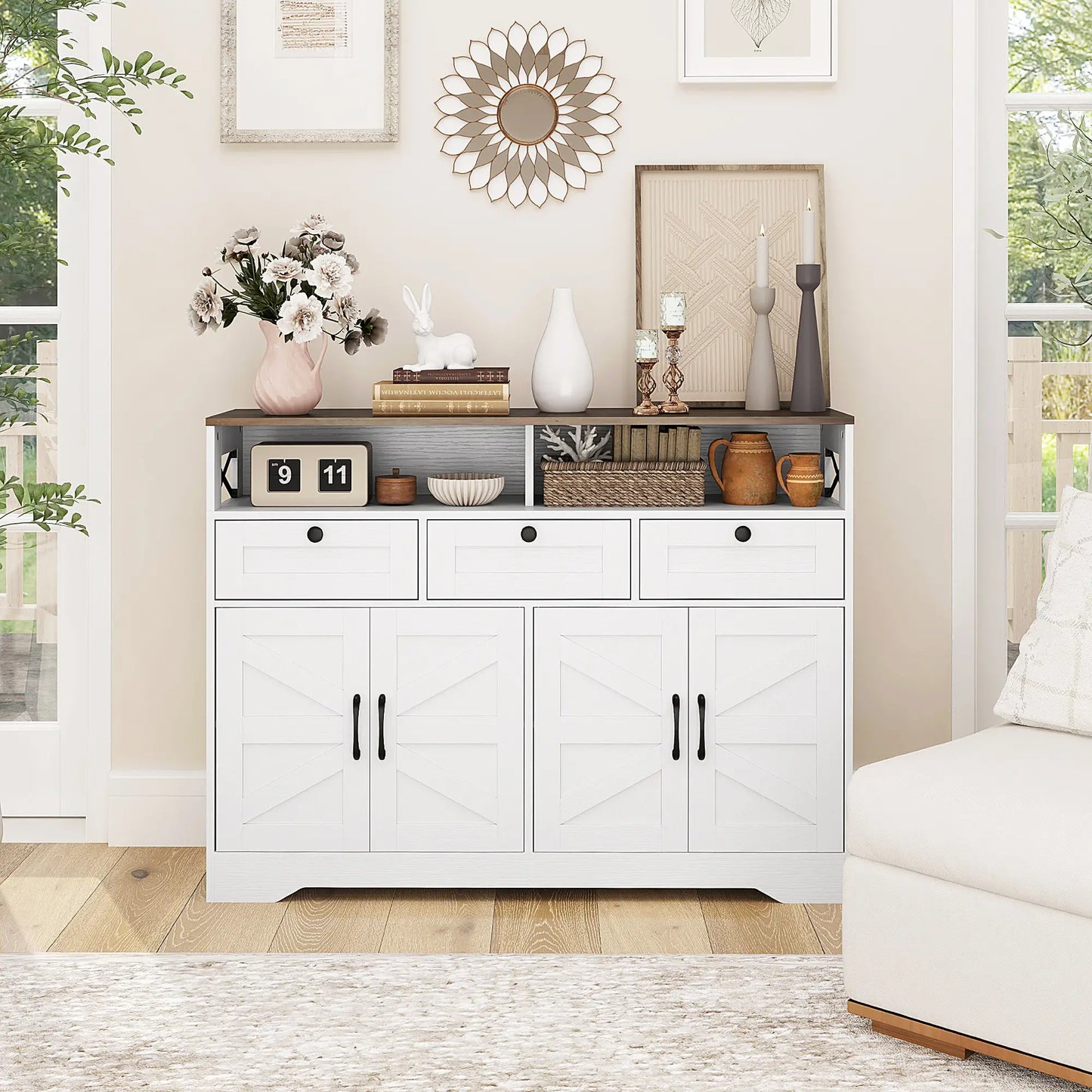 Sideboard, Buffet Cabinet with 4 Barn Doors, 3 Drawers, White Storage Cabinets at Gallery Canada