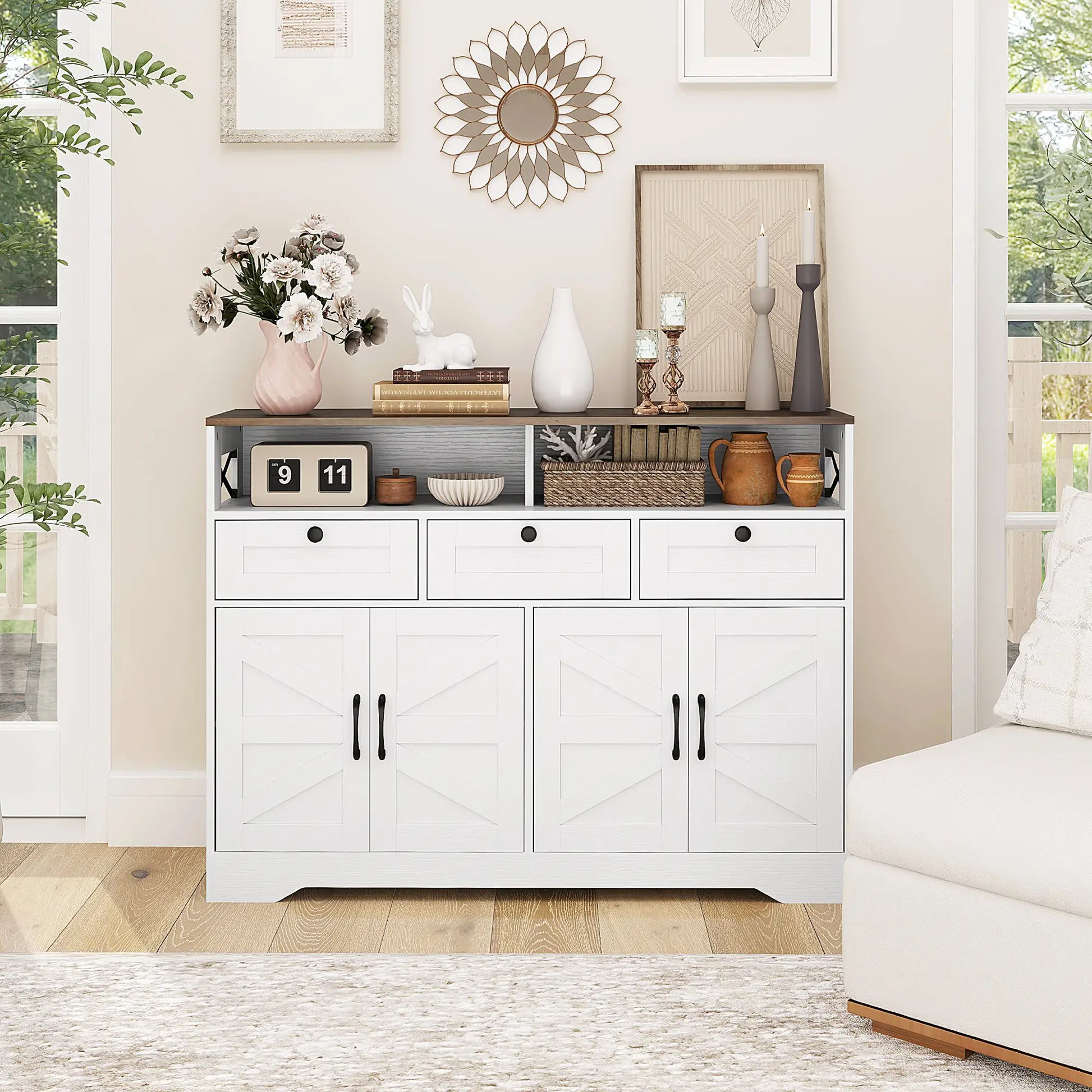 Sideboard, Buffet Cabinet with 4 Barn Doors, 3 Drawers, White Storage Cabinets at Gallery Canada