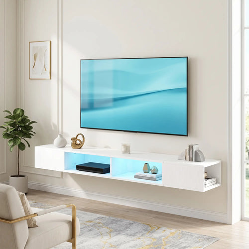 TV Stand with RGB LED Lights, Entertainment Center with Open Shelves for 75 Inch TV, White