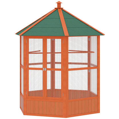 70"H Hexagonal Wooden Bird Cage, Outdoor Aviary with Doors Bird Cages Brown at Gallery Canada