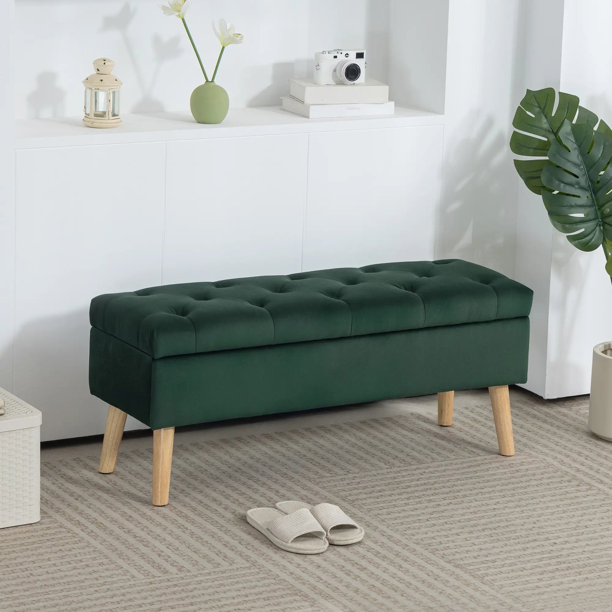 Velvet Storage Ottoman with Lid, Wood Legs, Dark Green Storage Ottomans & Benches at Gallery Canada