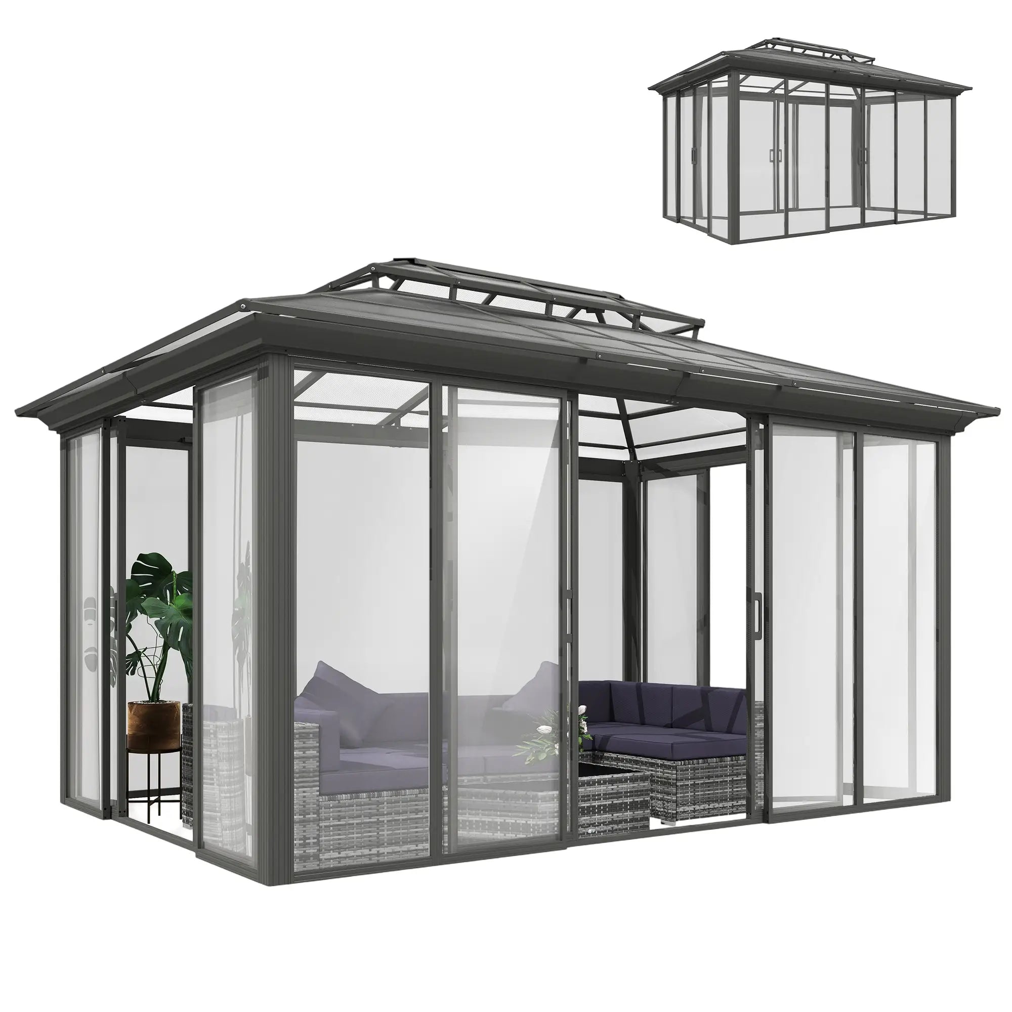 10' x 14' Aluminum Hardtop Gazebo, Sliding Doors, Double Roof, Dark Grey Gazebos at Gallery Canada